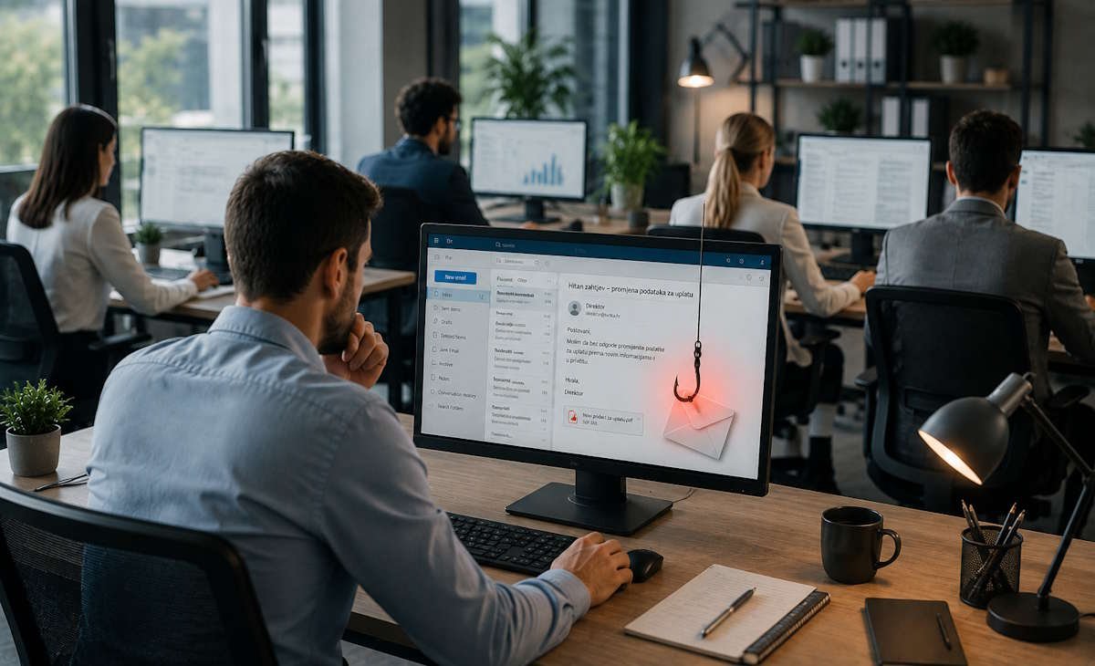 Zaposlenik u uredu prima phishing email, dok ribarska udica na zaslonu simbolizira pokušaj krađe poslovnih podataka putem lažne poruke.
